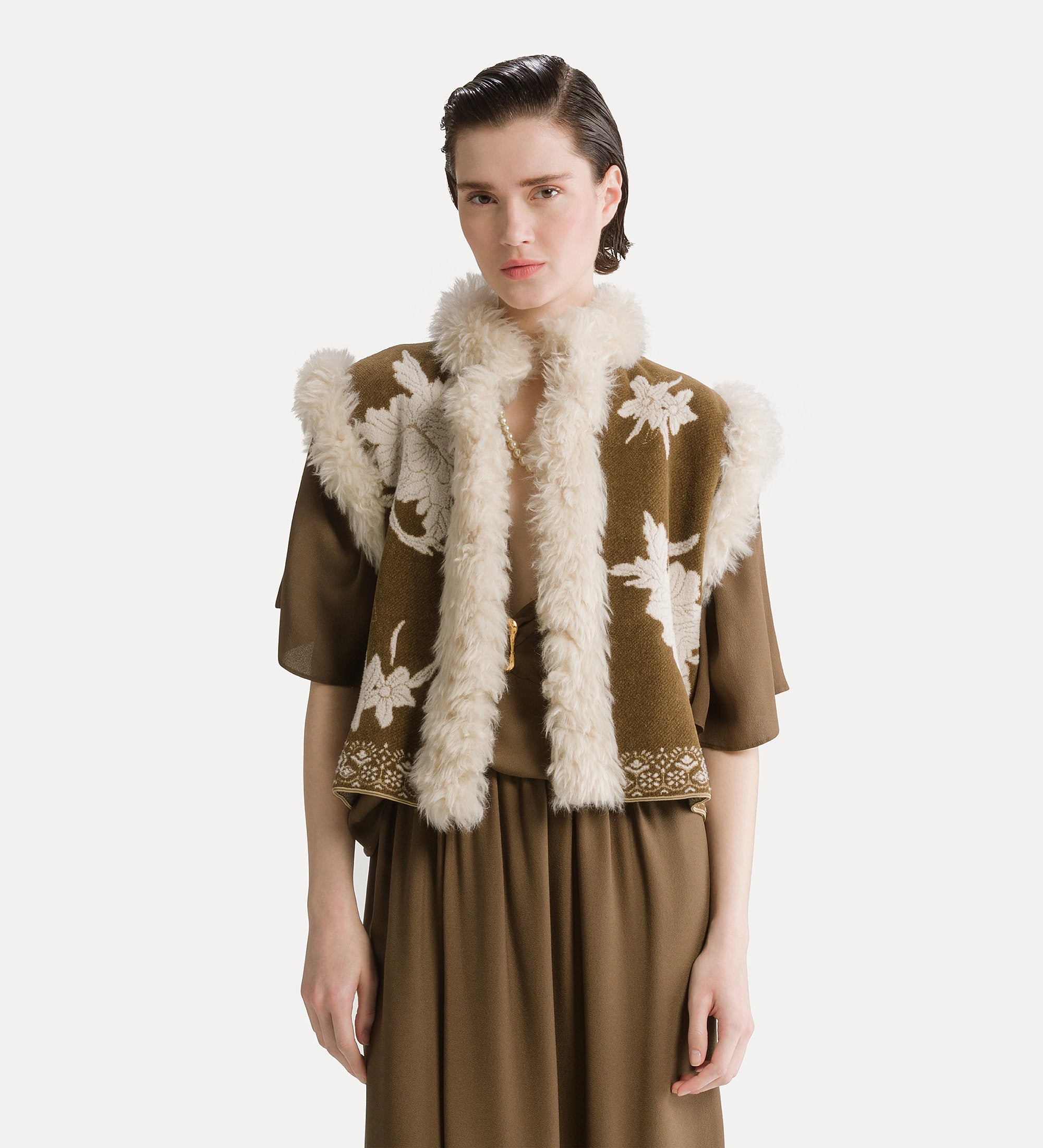 Forte Maglieria The Lotus gilet jacquard cumino con bordo in ecopelliccia