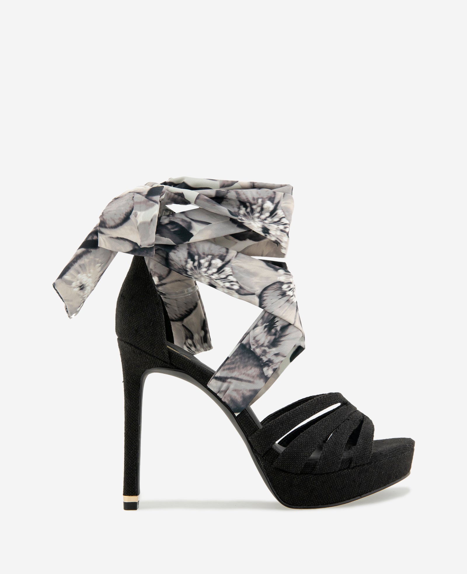 Kenneth Cole Reaction Shoes Nikkii Printed Fabric Wrap Around Platform Heel sandali neri