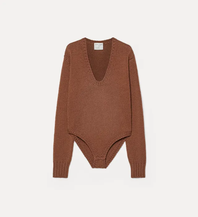 Forte maglieria Cable-knit wool bodysuit body marrone in lana vergine