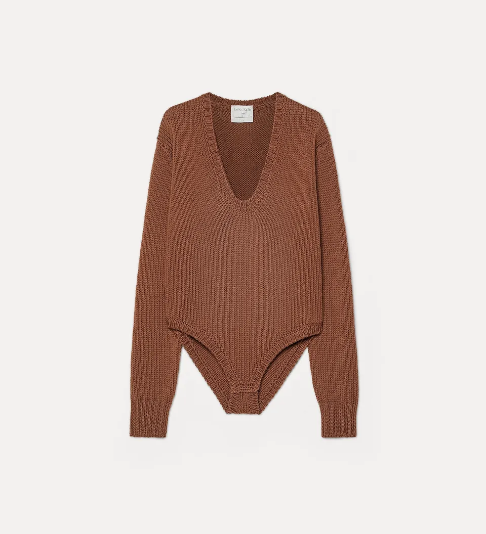 Forte maglieria Cable-knit wool bodysuit body marrone in lana vergine