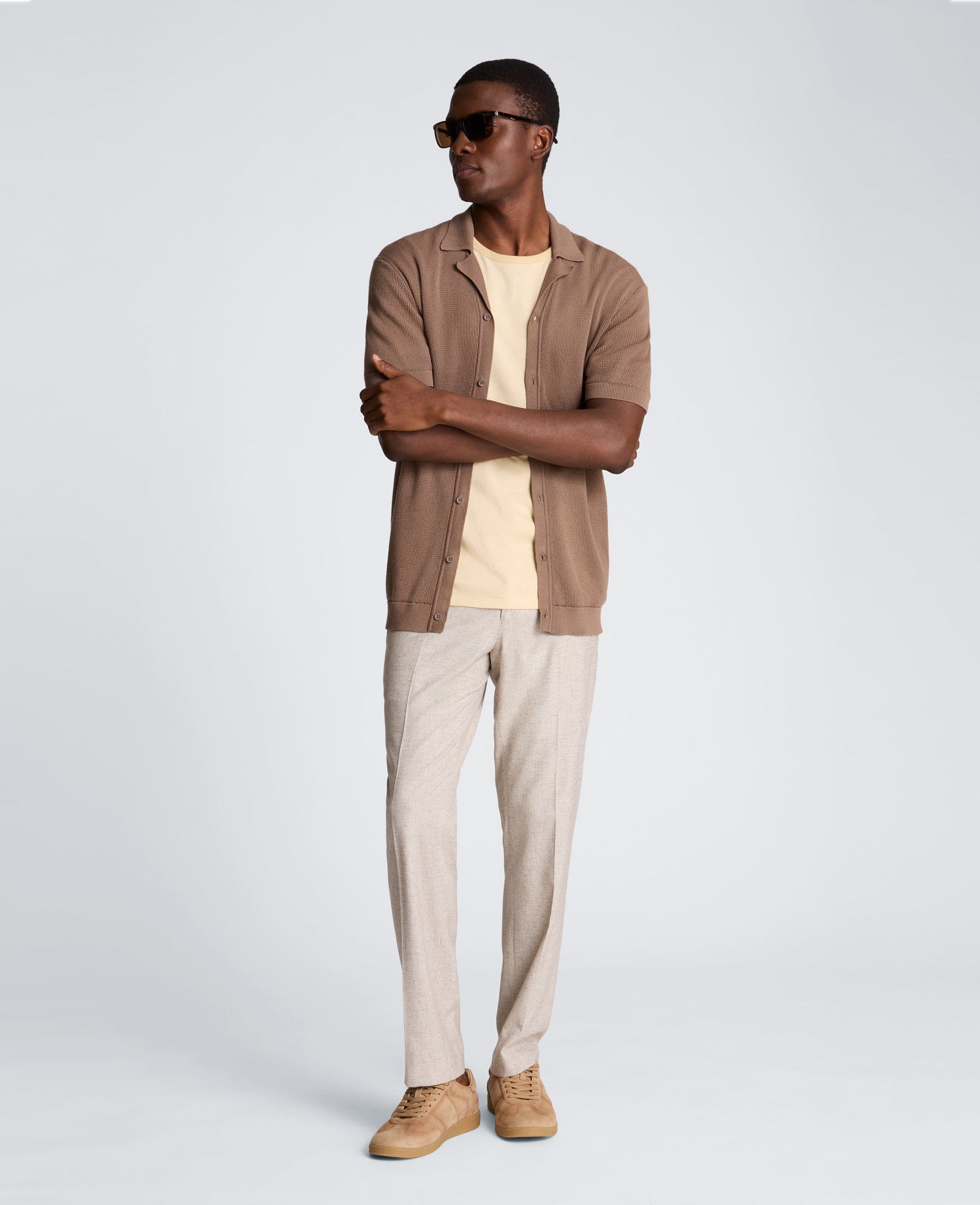 Kenneth Cole Reaction Clothing Knit Camp Shirt camicia beige scuro in cotone