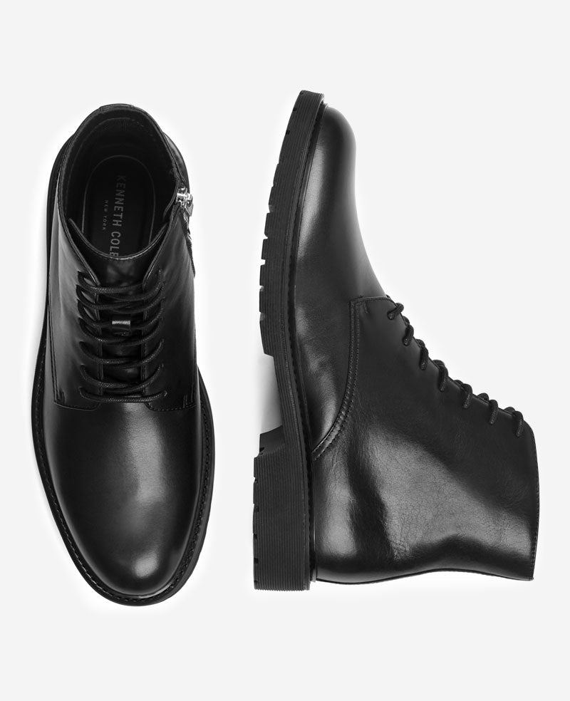 Kenneth Cole Reaction Shoes Dismon Lug Sole Combat Boot anfibi in pelle nera