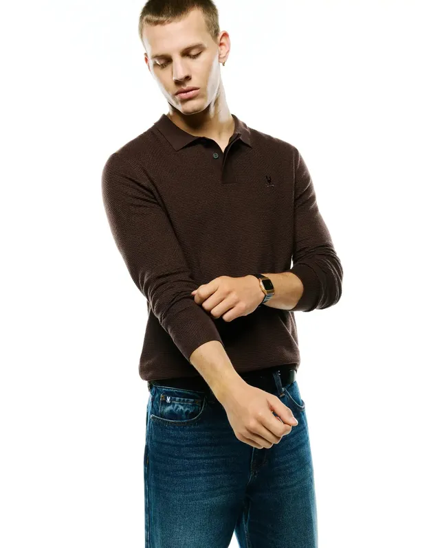 Psycho Bunny Men's Polos Leroy Longsleeve Knit Polo polo Java in misto seta