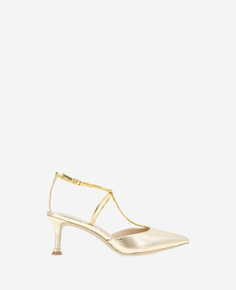 Kenneth Cole Reaction Shoes Umi T-Strap Metallic Heel scarpe con tacco oro serpente
