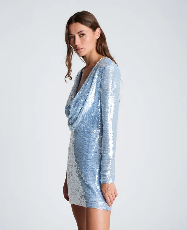 Kenneth Cole Reaction Clothing Cowl Neck Mini Long Sleeve Dress abito mini Serene Blue con paillettes