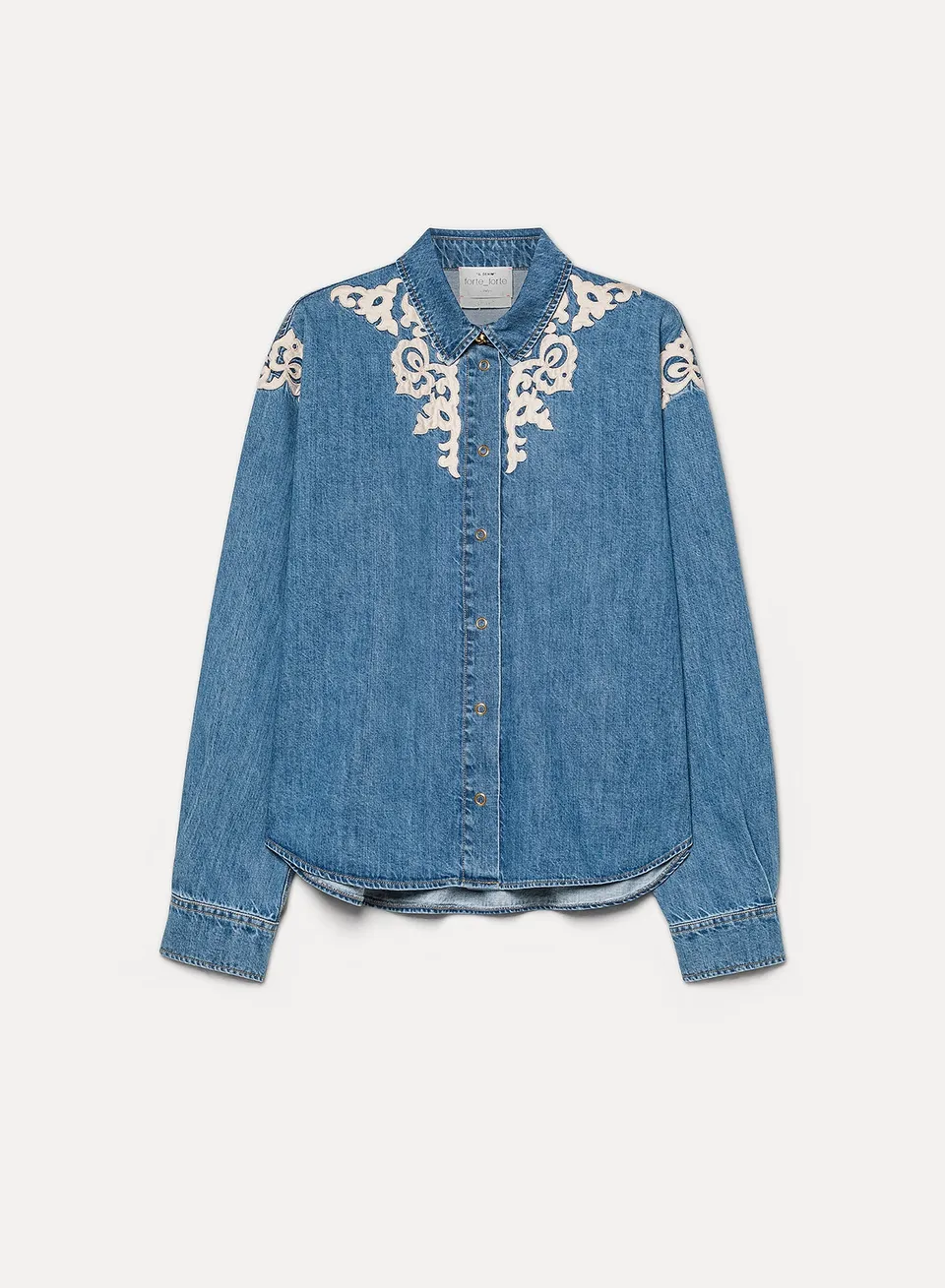 Forte camicie Embroidered Indigo Twill Boxy Shirt celeste camicia ricamata