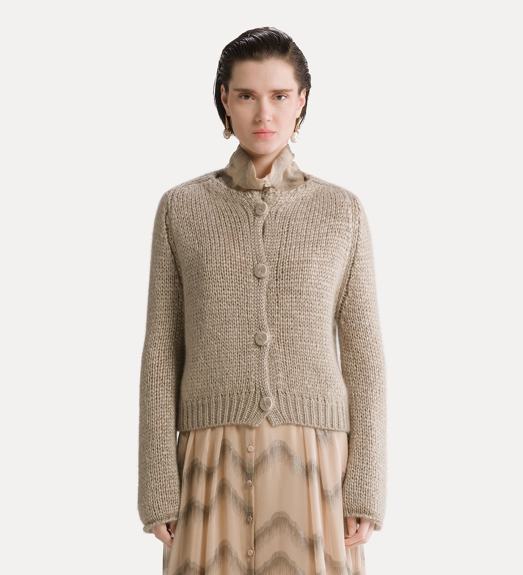 Forte maglieria cardigan cashmere seta e mohair mandorla
