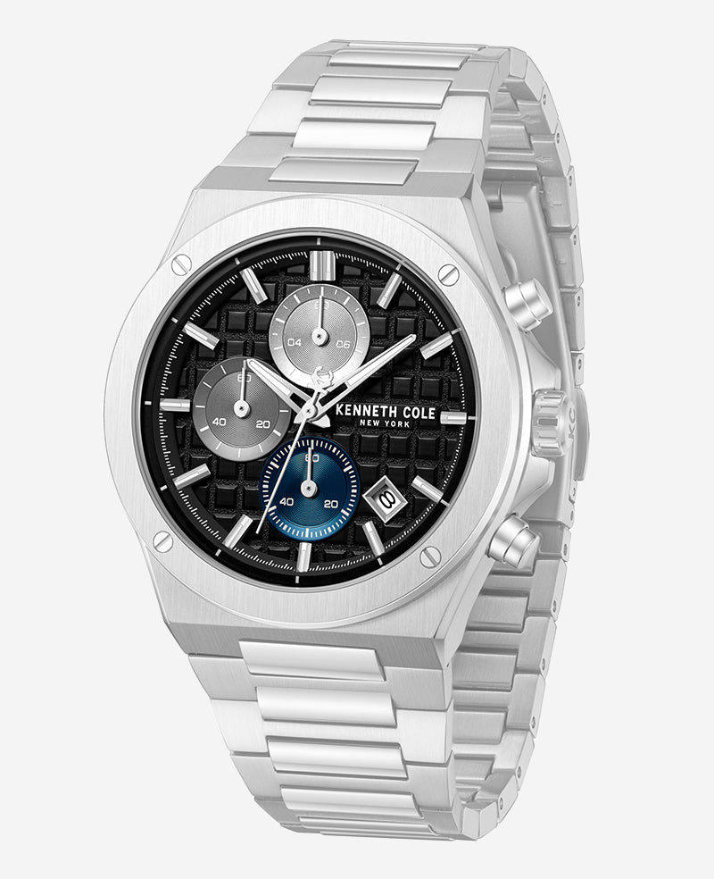 Kenneth Cole Reaction Watches Dress Sport Chronograph Black Dial Stainless Steel Bracelet Watch orologio Silver