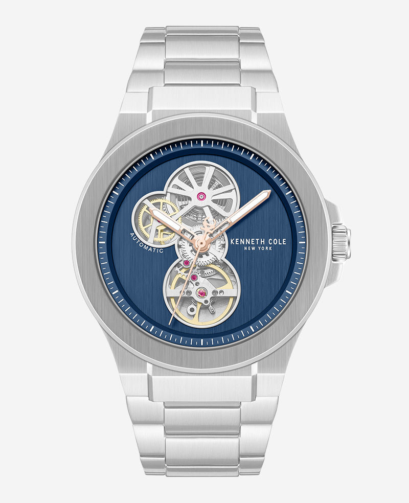 Kenneth Cole Reaction Watches Skeleton Automatic Gunmetal Dial Stainless Steel Bracelet Watch orologio argento