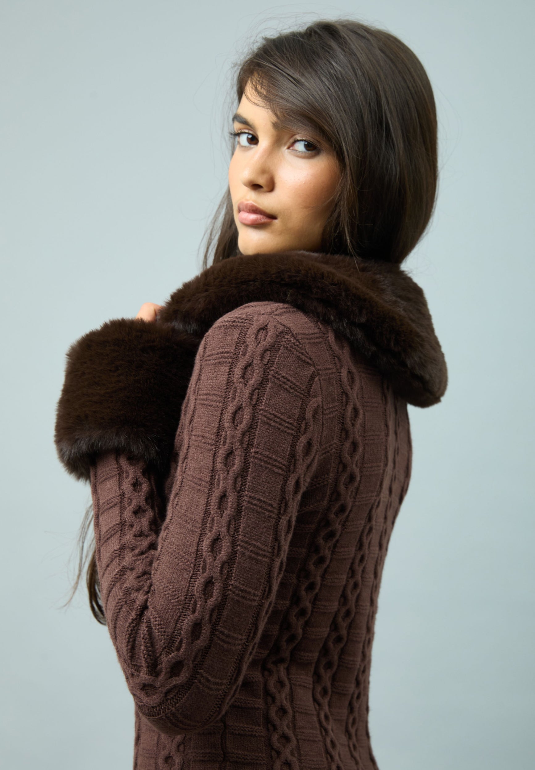 House Of Sunny Women's Knitwear CHOCOLATE FUR COLLAR CABLE PEGGY cardigan UK 6-18 collo staccabile