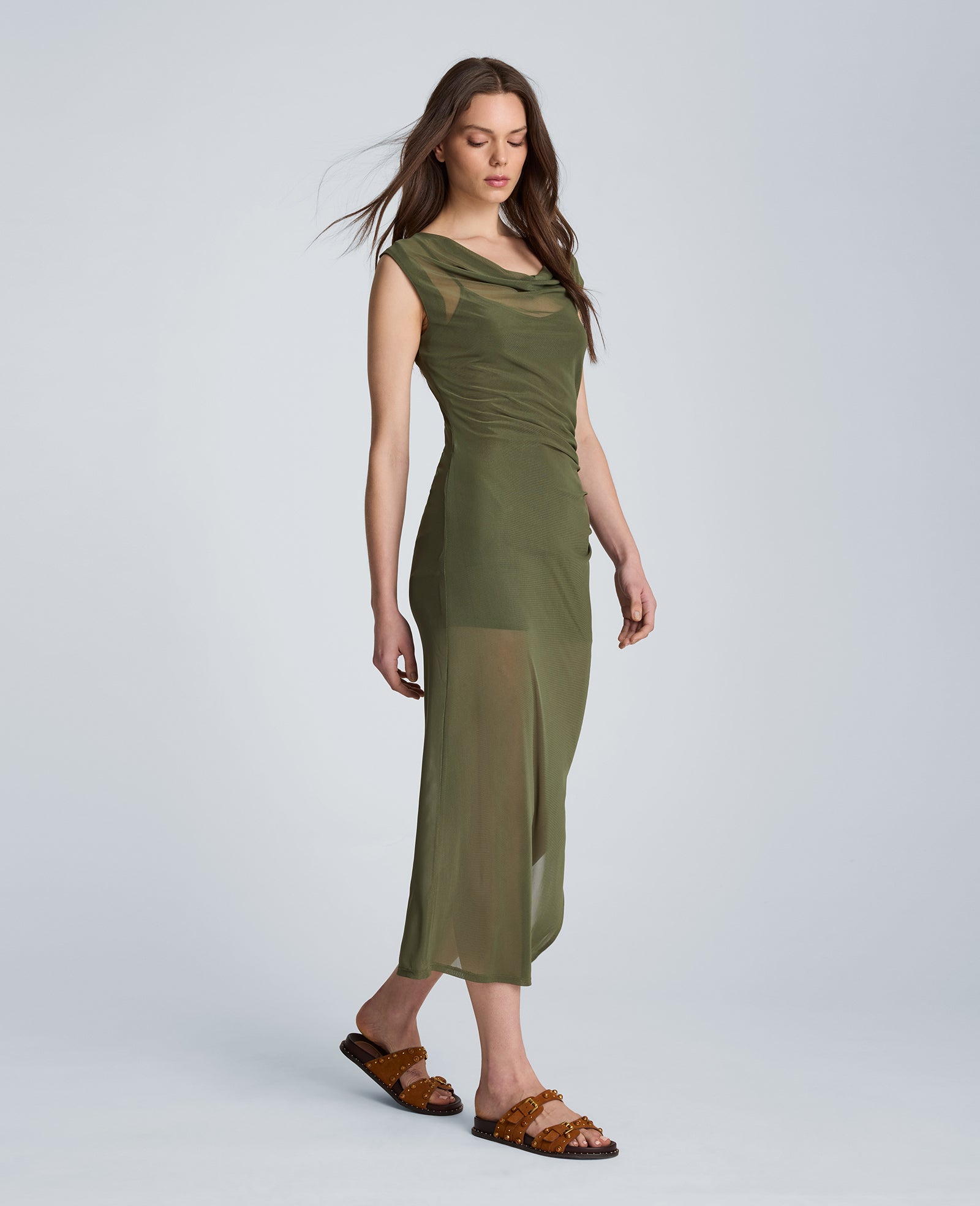 Kenneth Cole Reaction Clothing Sleeveless Cowl Neck Midi Dress vestito midi marrone aderente
