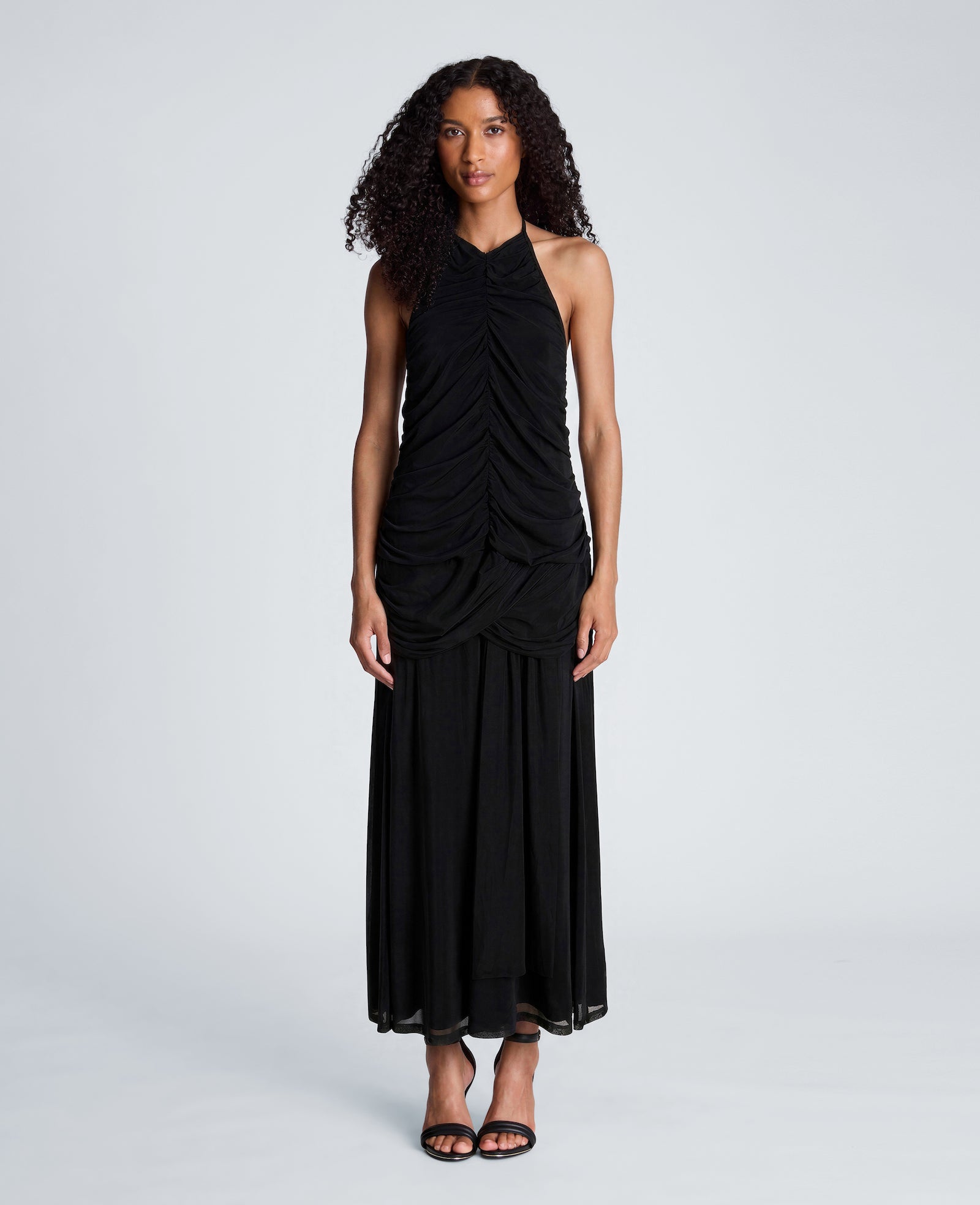 Kenneth Cole Reaction Clothing Ruched Halter Maxi Dress abito nero arricciato