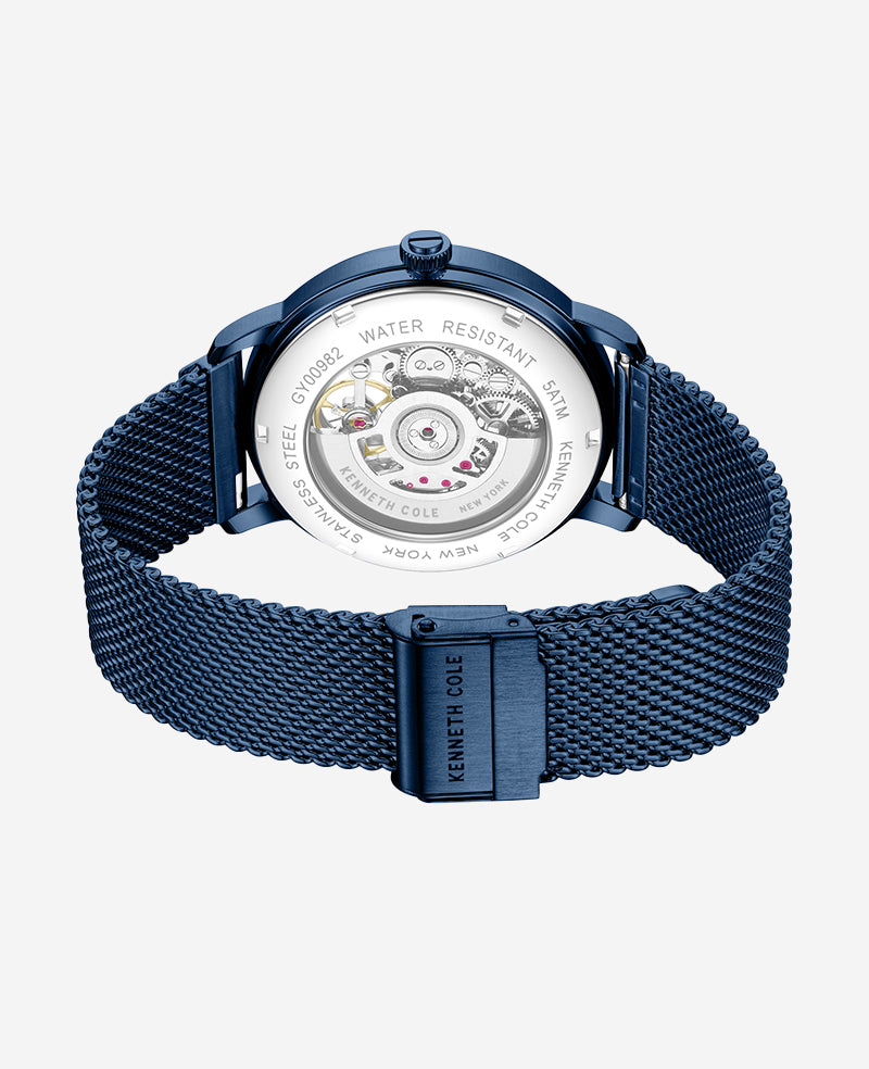 Kenneth Cole Reaction Watches Skeleton Automatic Blue-IP Stainless Steel Mesh Strap Watch orologio automatico blu
