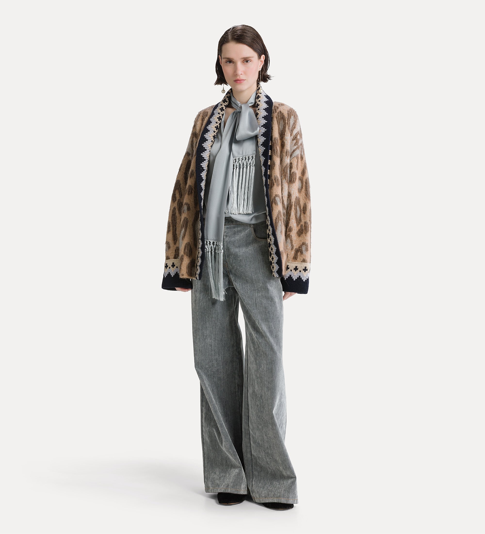 Forte camicie Silk Satin Shirt camicia grigia in seta pura con foulard