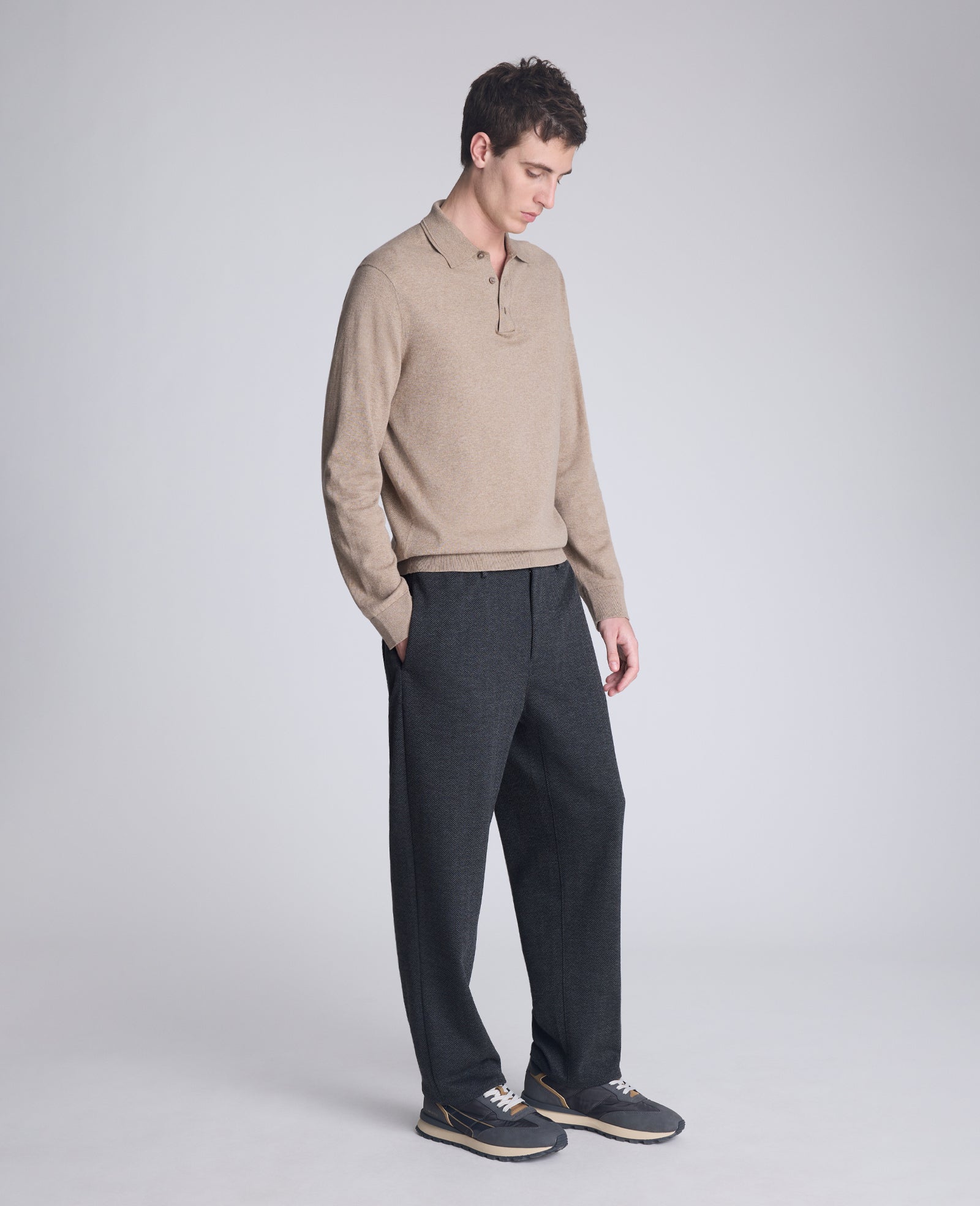 Kenneth Cole Reaction Clothing Long Sleeve Button Sweater Polo polo marrone chiaro