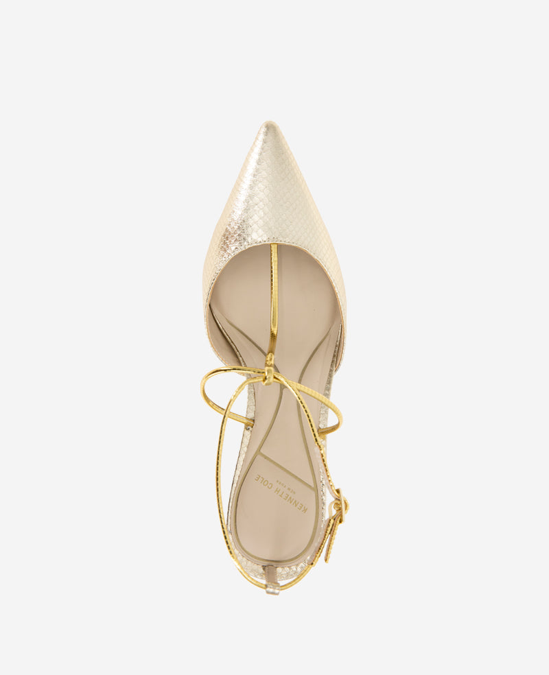 Kenneth Cole Reaction Shoes Umi T-Strap Metallic Heel scarpe con tacco oro serpente