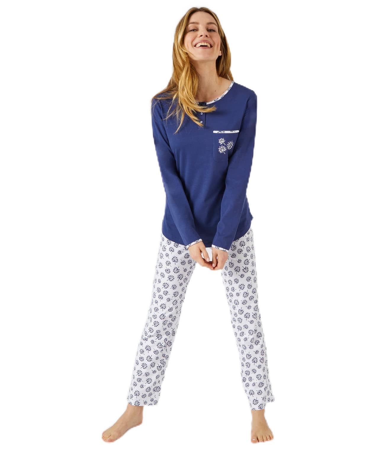 Damart Homewear Set di 2 Pigiami Donna Blu Fogliame Cotone