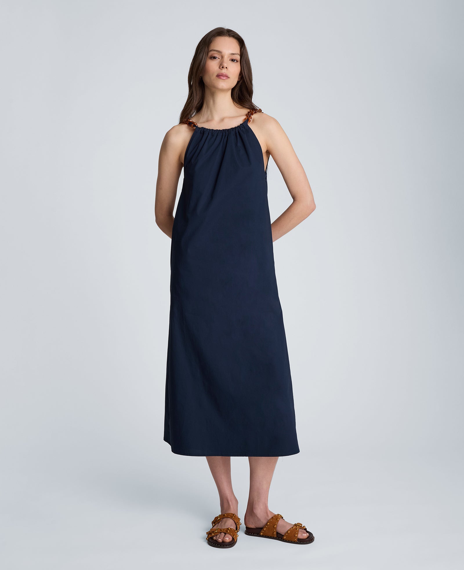 Kenneth Cole Reaction Clothing Tortoiseshell Tie Halter Midi Dress abito midi blu navy