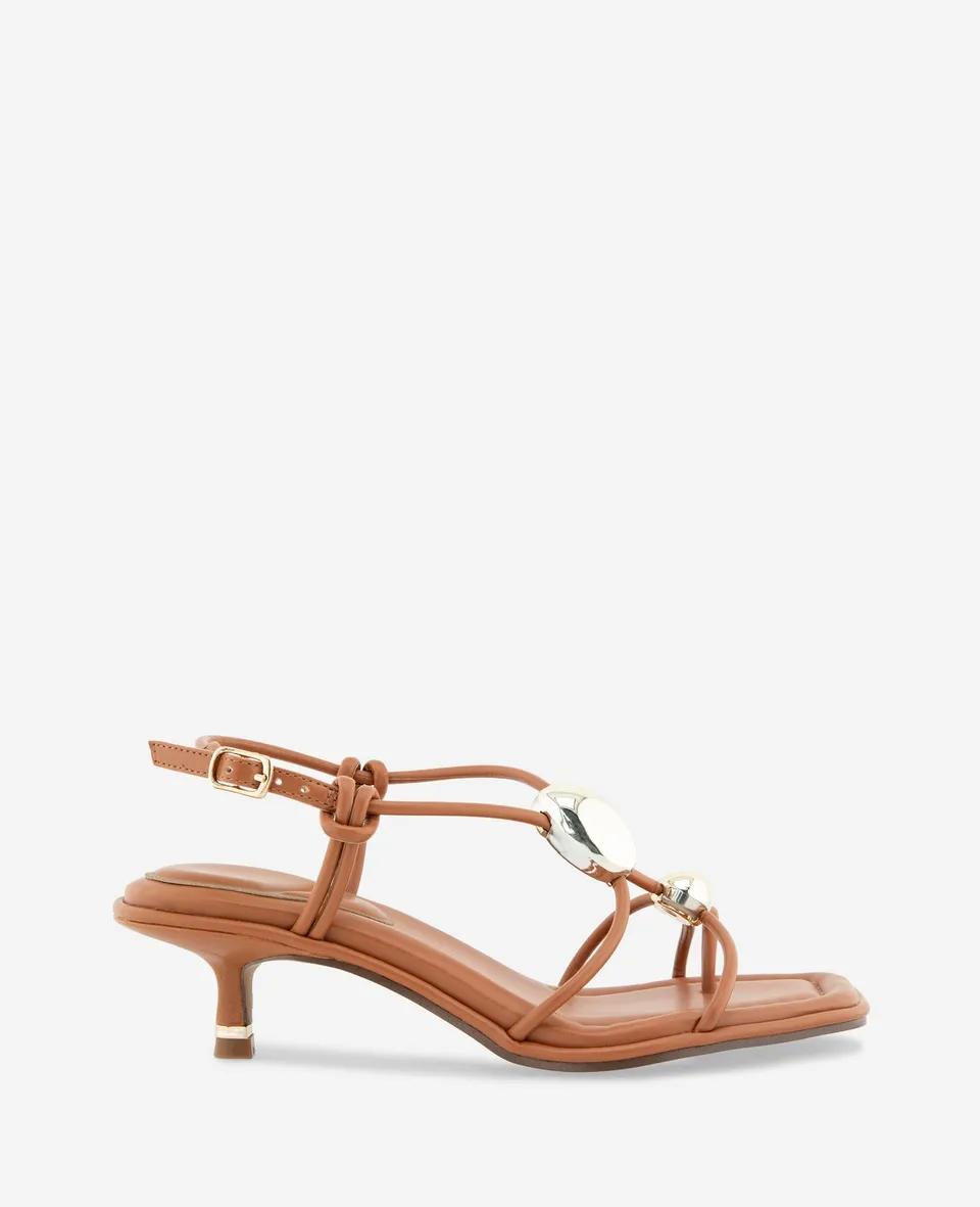 Kenneth Cole Reaction Shoes Gemma Embellished Strappy Leather Kitten Heel Sandal sandali tan tacco 5 cm