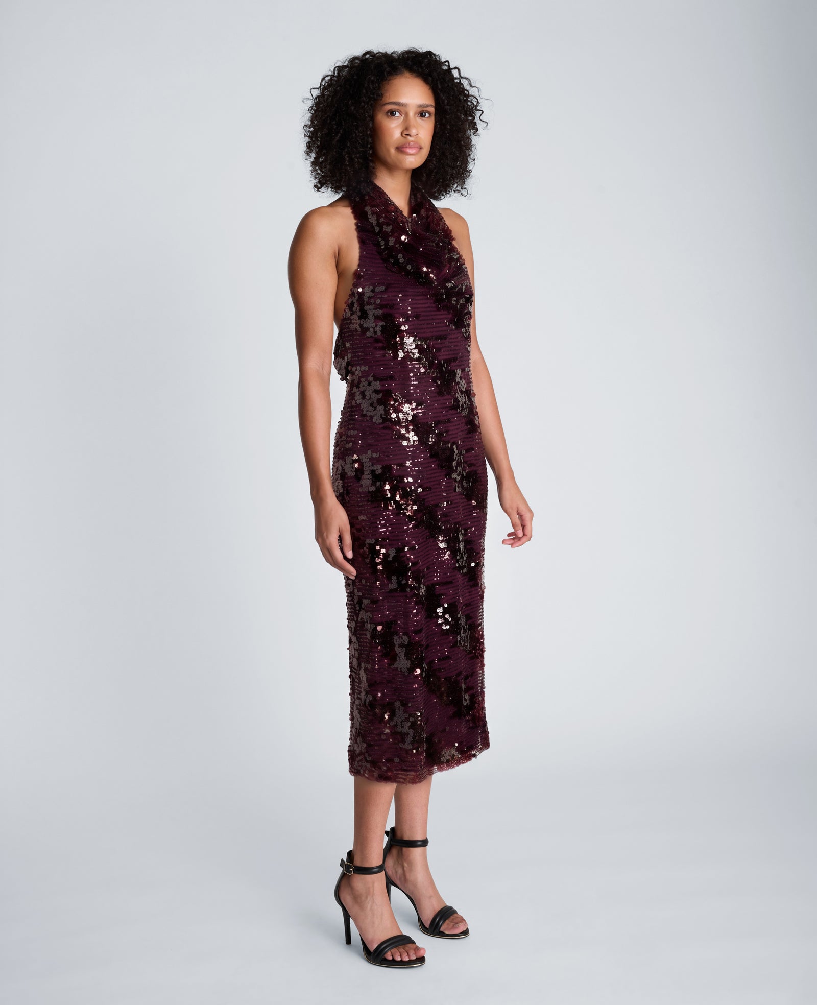 Kenneth Cole Reaction Halter Neck Midi Sequin Dress abito rosso prugna