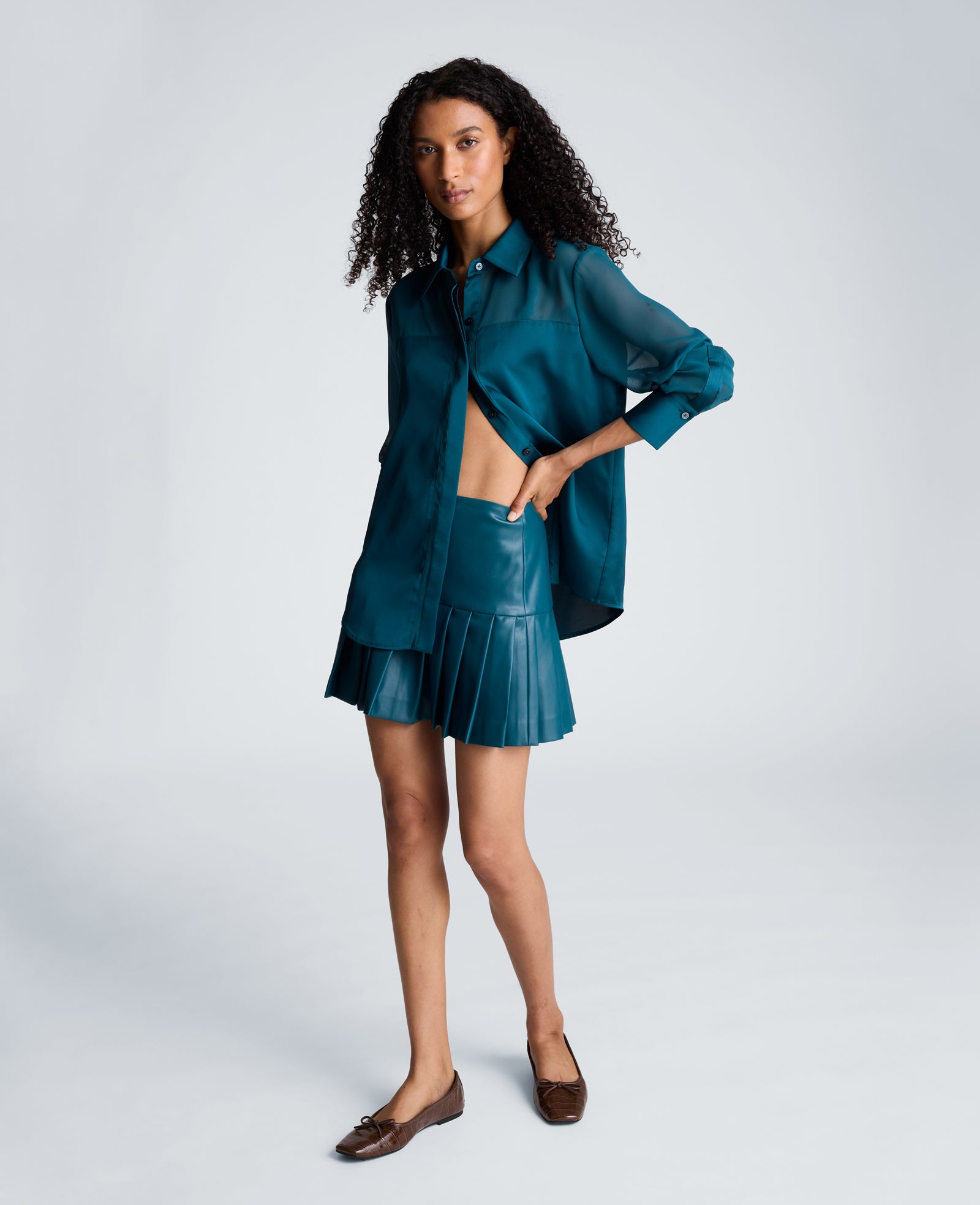 Kenneth Cole Reaction Clothing Long Sleeve Button Front Shirt camicia Teal Dusk maniche velate
