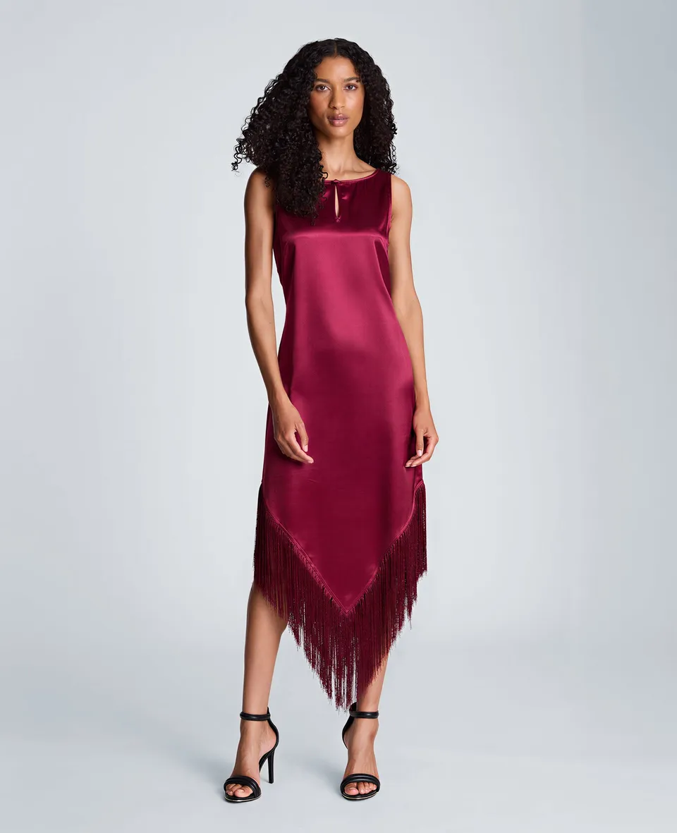 Kenneth Cole Reaction Clothing Fringed Hem Liquid Satin Midi Dress abito midi Red Plum 0 in raso
