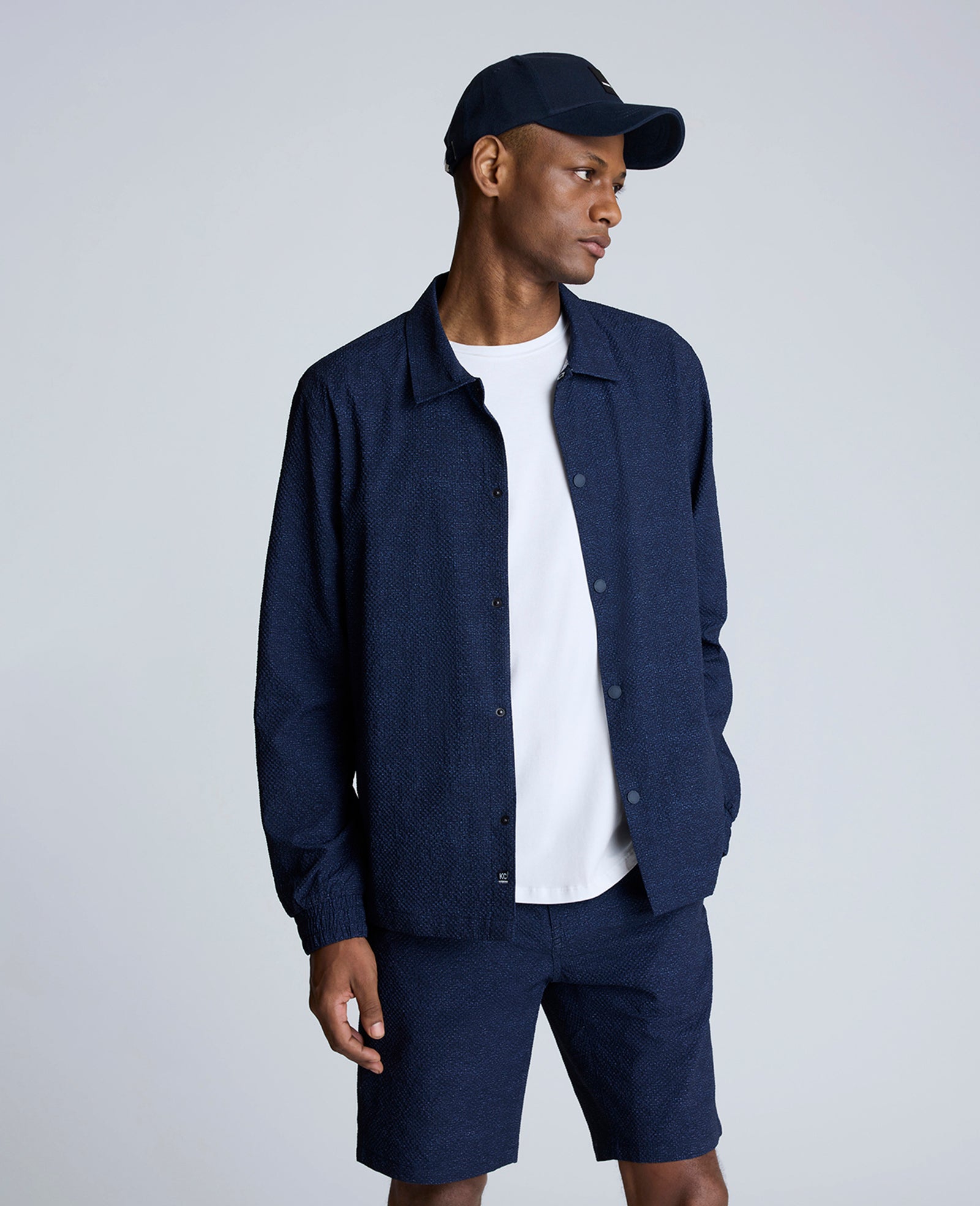 Kenneth Cole Reaction Clothing Printed Performance Seersucker giacca blu navy