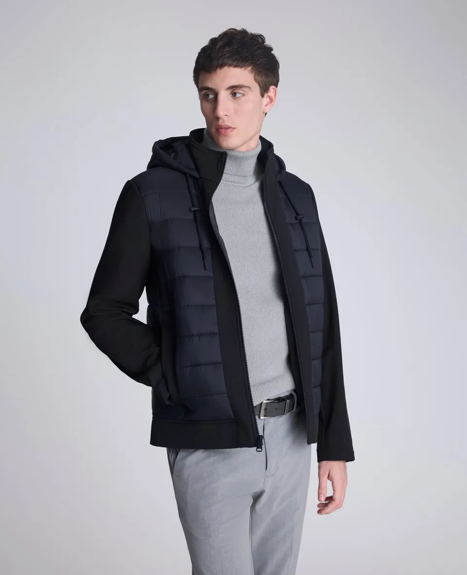 Kenneth Cole Reaction Clothing Mixed Media Hooded Soft Shell Jacket giacca nera con cappuccio
