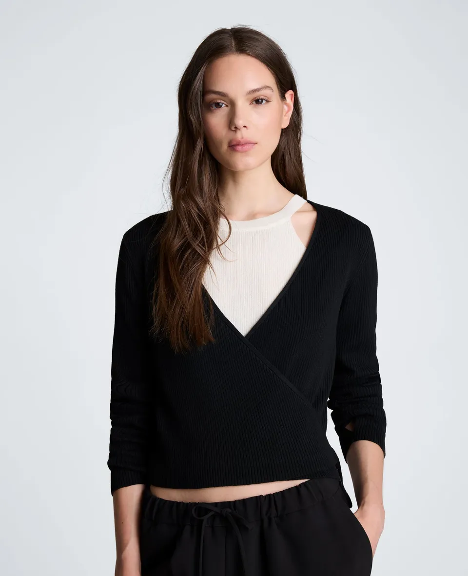 Kenneth Cole Reaction Rib Halter Wrap Sweater maglia Black/Oyster