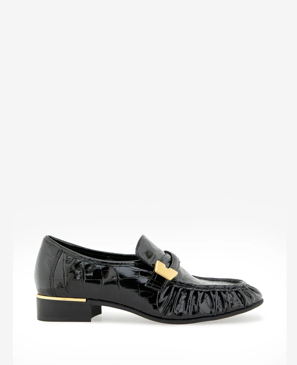 Kenneth Cole Reaction Shoes Remi Embossed Croco Pleated Toe Loafer mocassini neri effetto coccodrillo