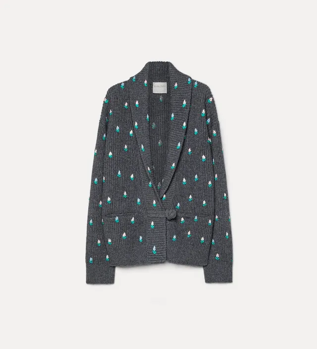 Forte maglieria “victorian fields” wool and cashmere cardigan grigio ricamato