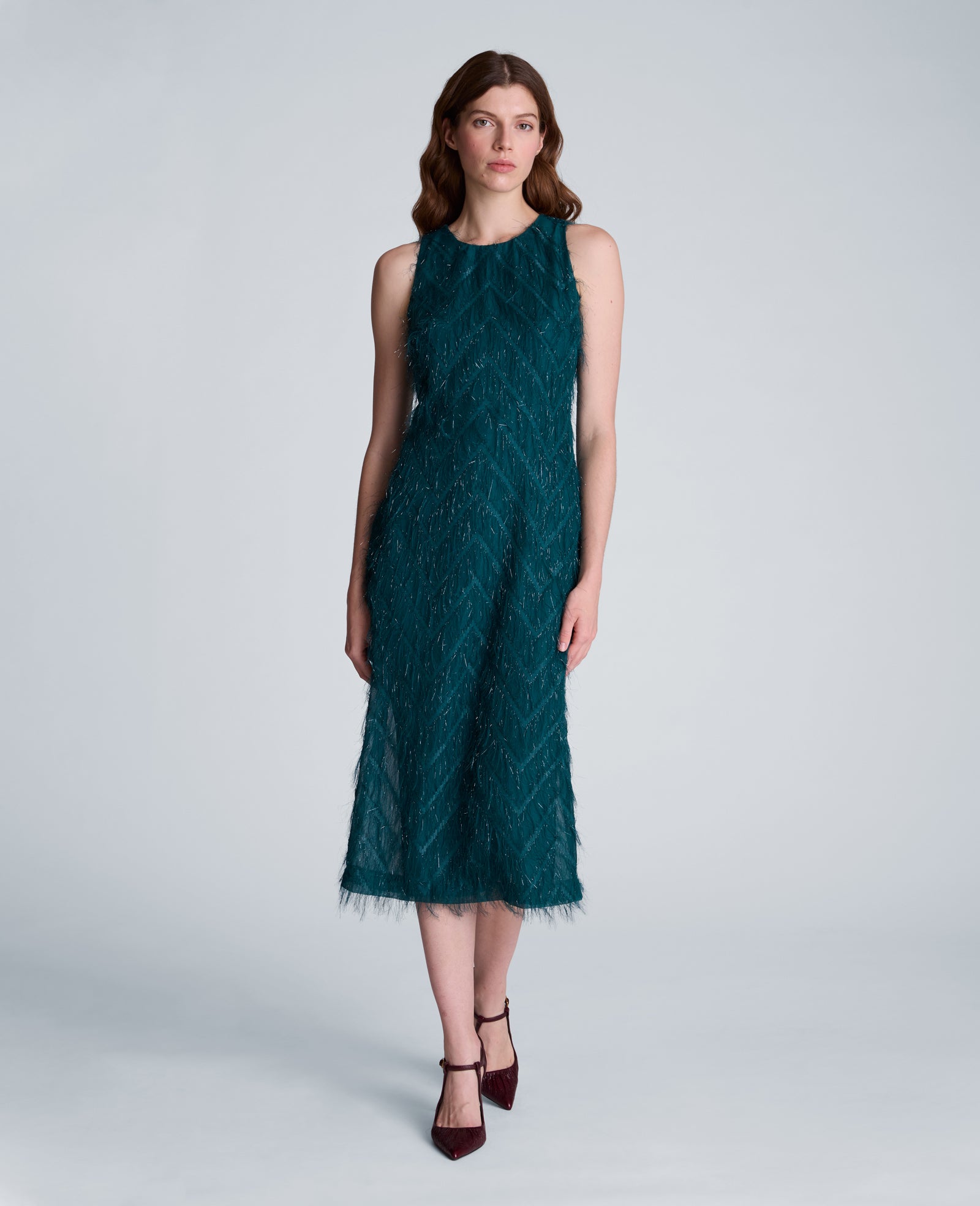Kenneth Cole Reaction Clothing Fringed Organza Midi Sheath Dress abito midi verde petrolio