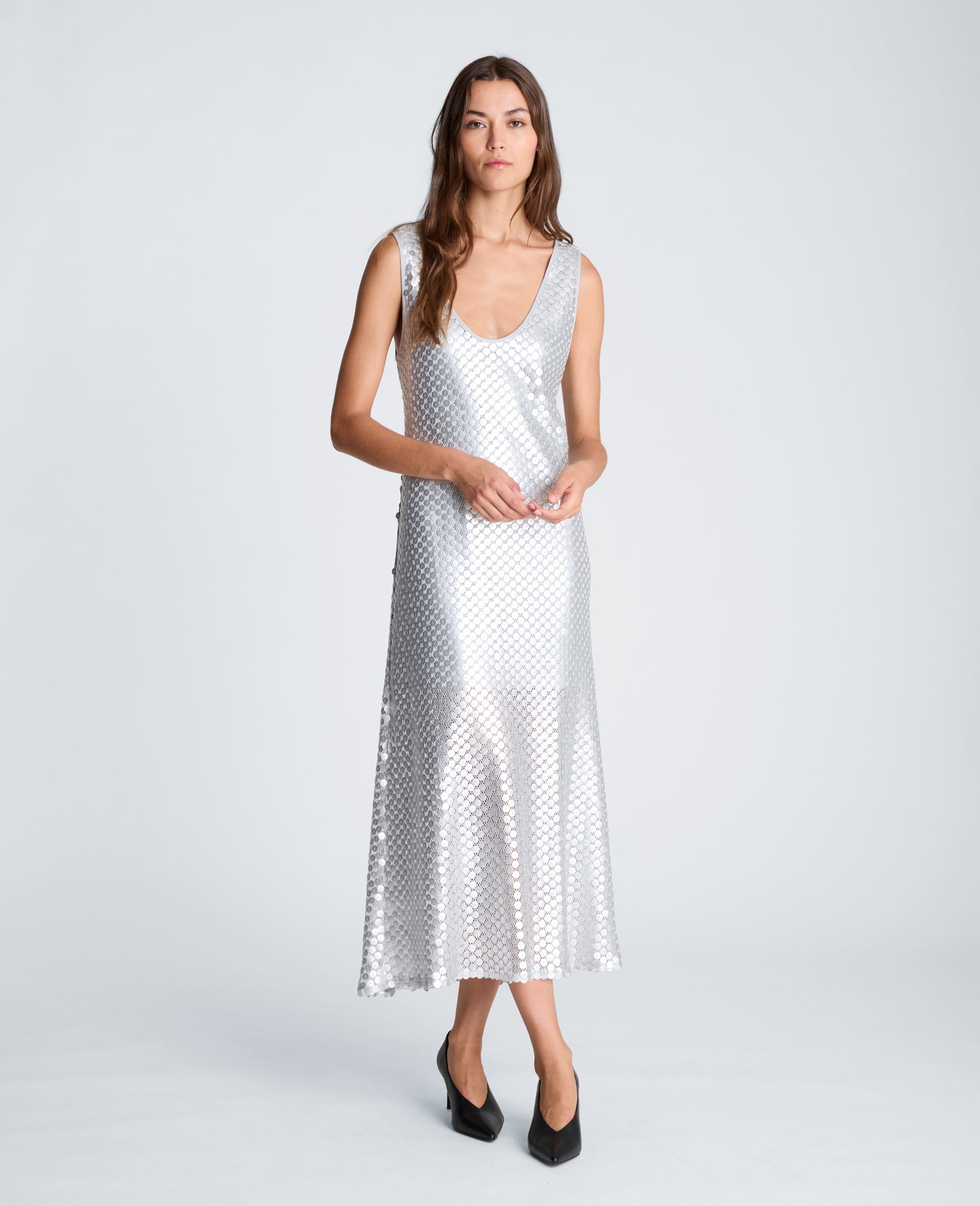 Kenneth Cole Reaction Clothing Tank Midi Slip Dress abito midi argento con paillettes