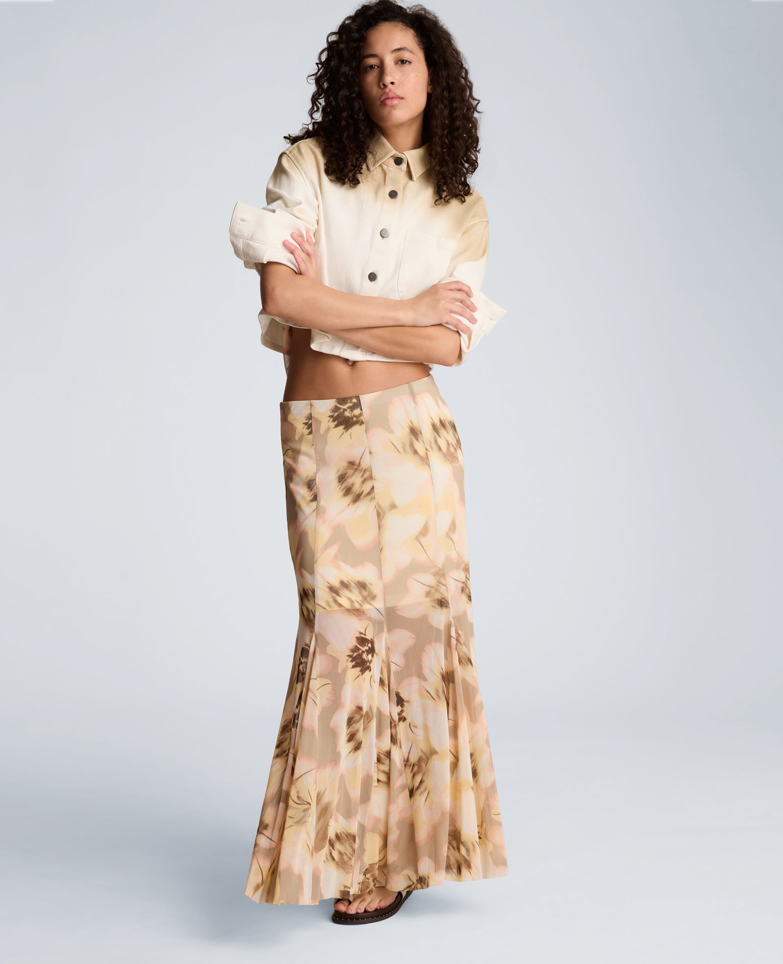 Kenneth Cole Reaction Mesh Pull On Godet Fit and Flare Maxi Skirt gonna lunga gialla fantasia in mesh
