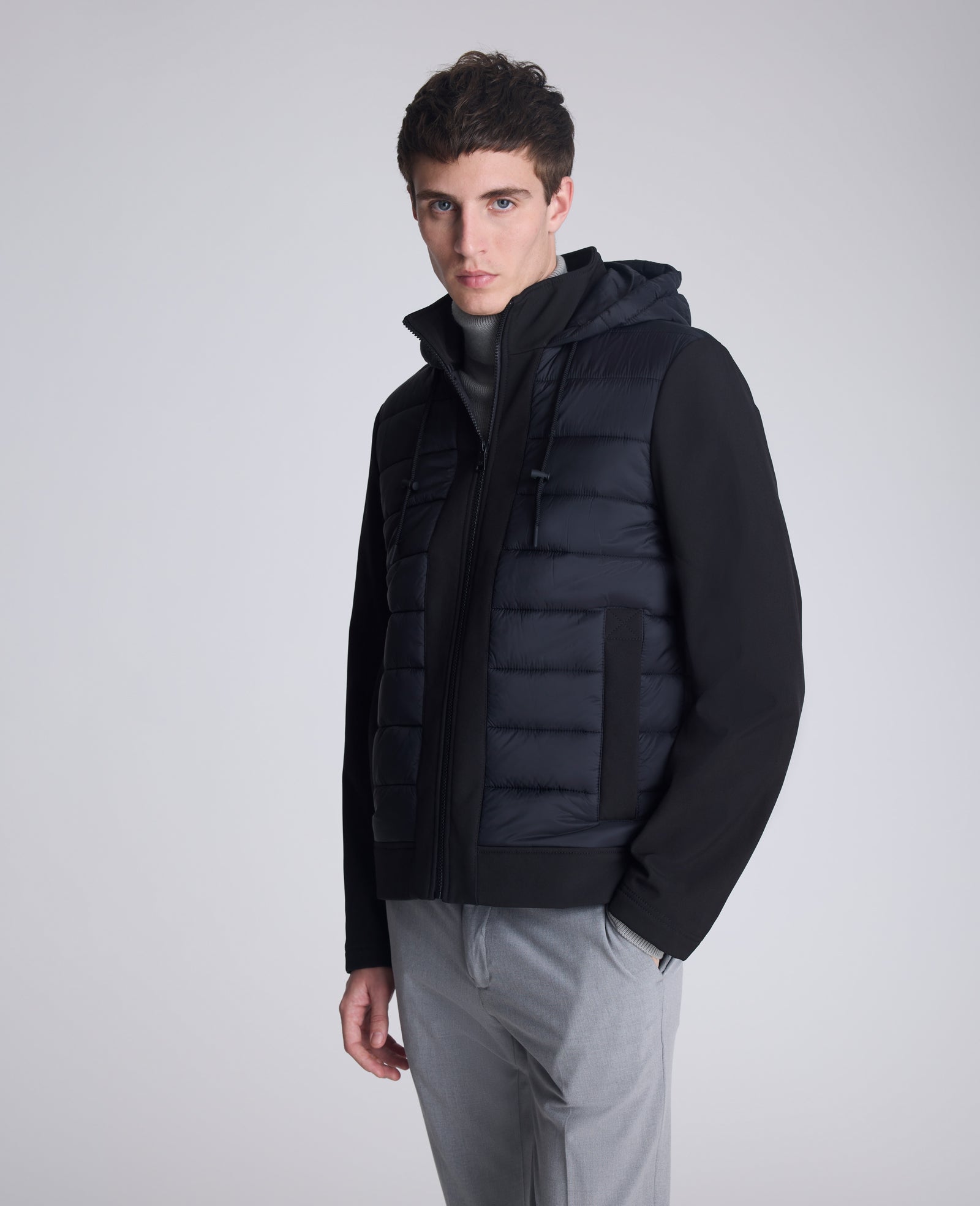 Kenneth Cole Reaction Clothing Mixed Media Hooded Soft Shell Jacket giacca nera con cappuccio