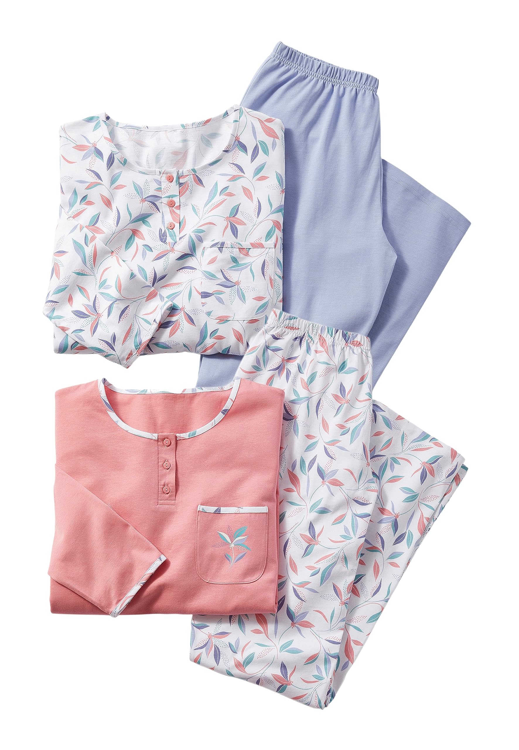 Damart Homewear Set di 2 Pigiami Donna Blu Fogliame Cotone