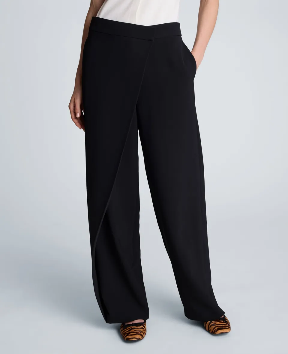 Kenneth Cole Reaction Clothing Fly Front Wide Leg Asymmetrical Crossover Pant pantaloni neri vita alta