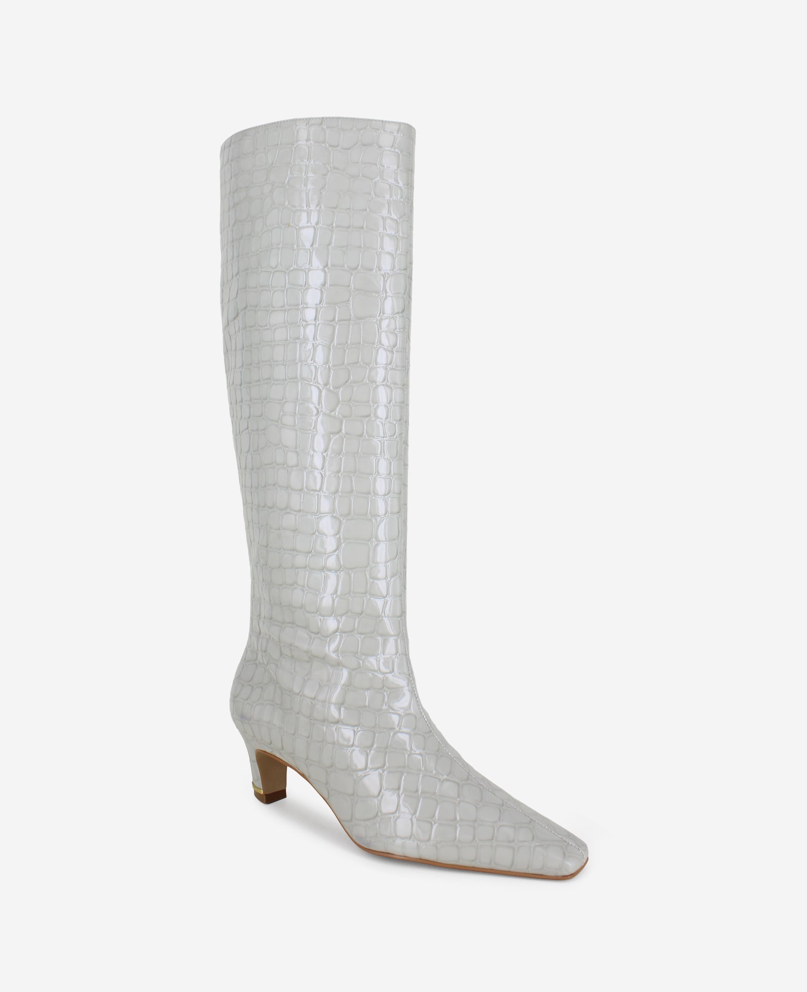 Kenneth Cole Reaction Shoes Rubia Croco Patent Tall Heel Boot stivali alti grigio chiaro