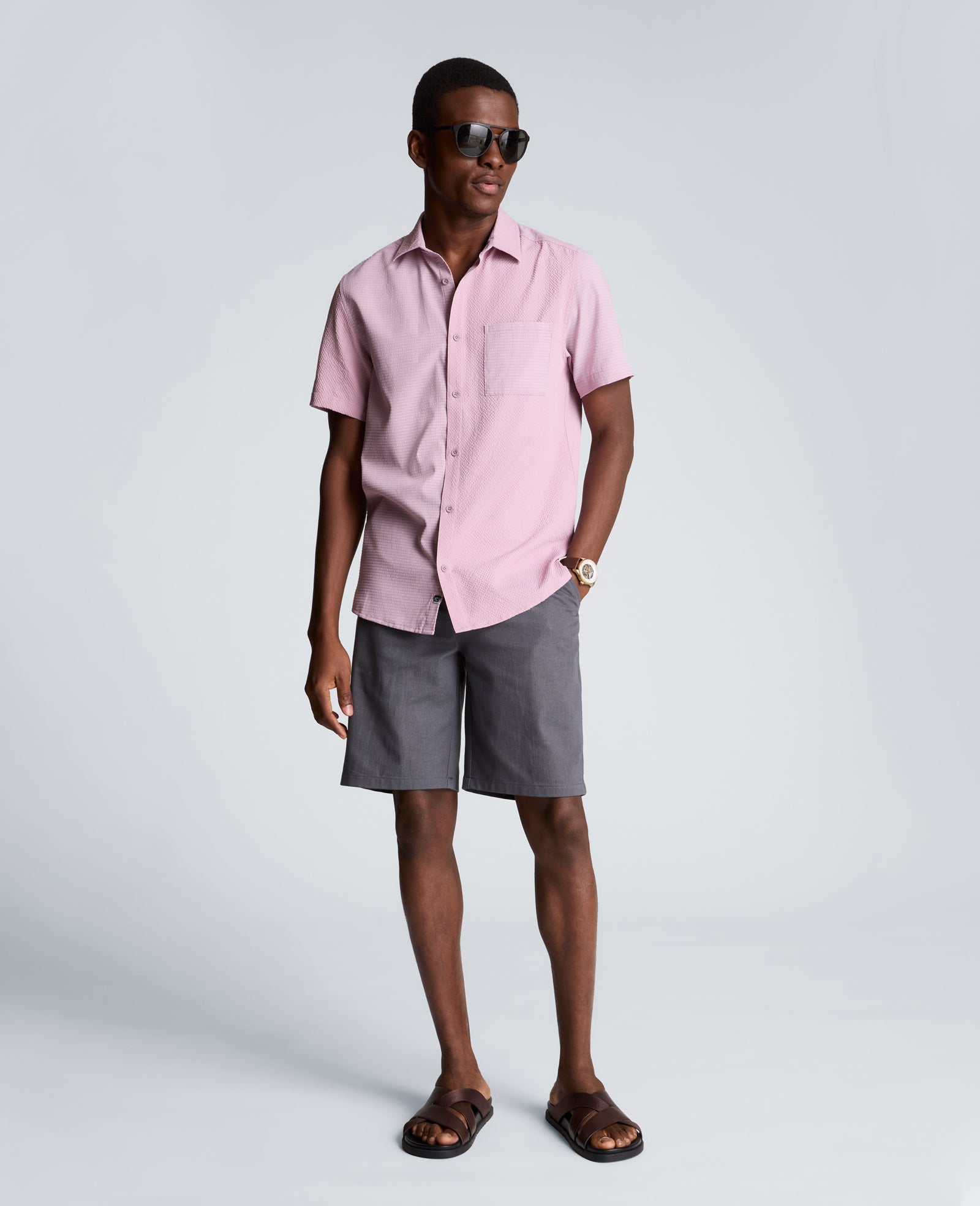 Kenneth Cole Reaction Clothing Slim Fit Short-Sleeve Mixed-Media Sport Shirt camicia rosa