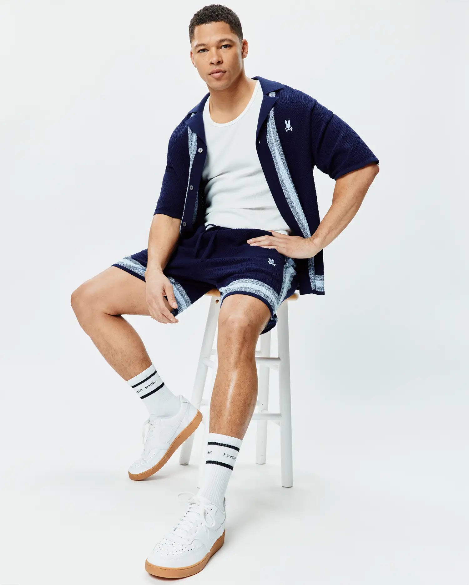 Psycho Bunny Men's Shirts Giles Relaxed Fit Border Knit Shirt camicia blu in maglia