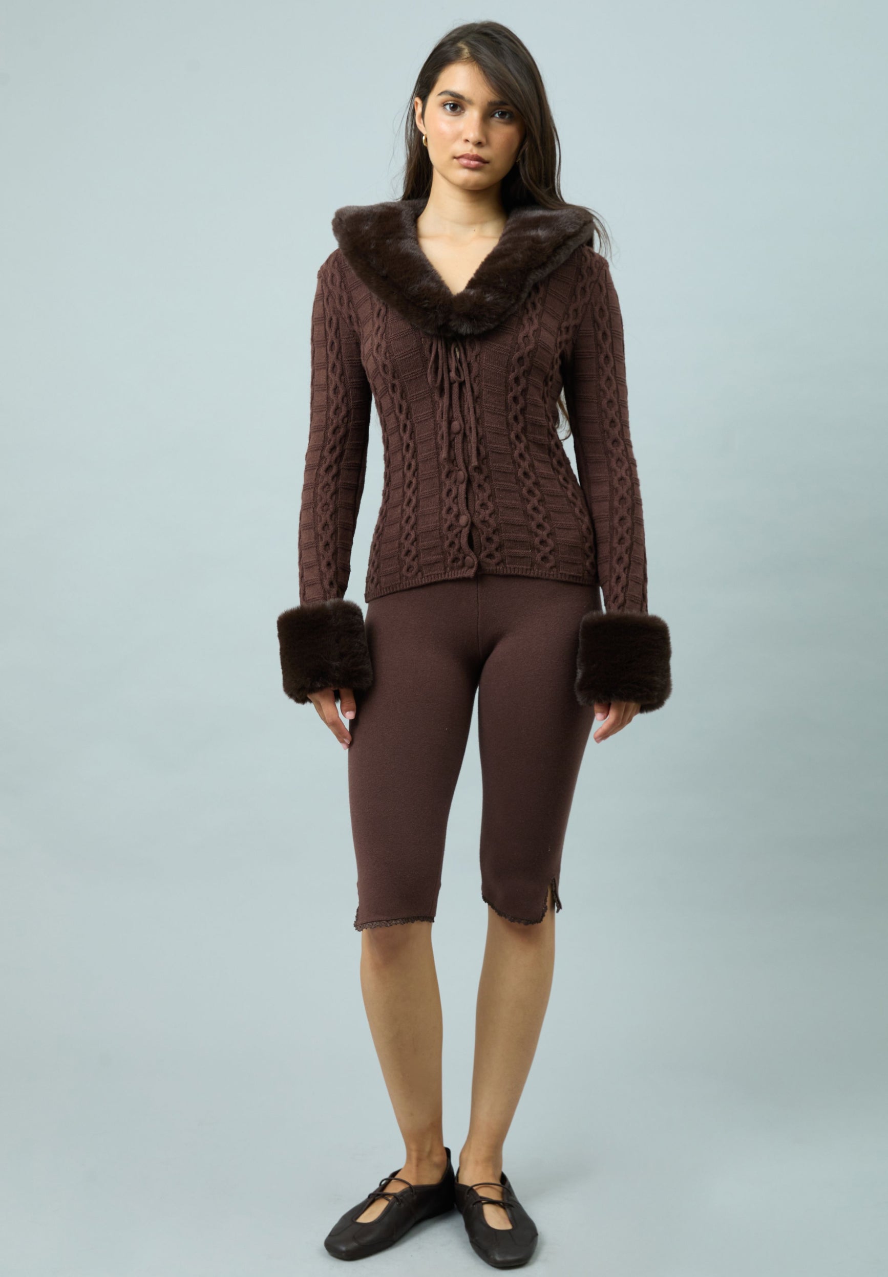 House Of Sunny Women's Knitwear CHOCOLATE FUR COLLAR CABLE PEGGY cardigan UK 6-18 collo staccabile