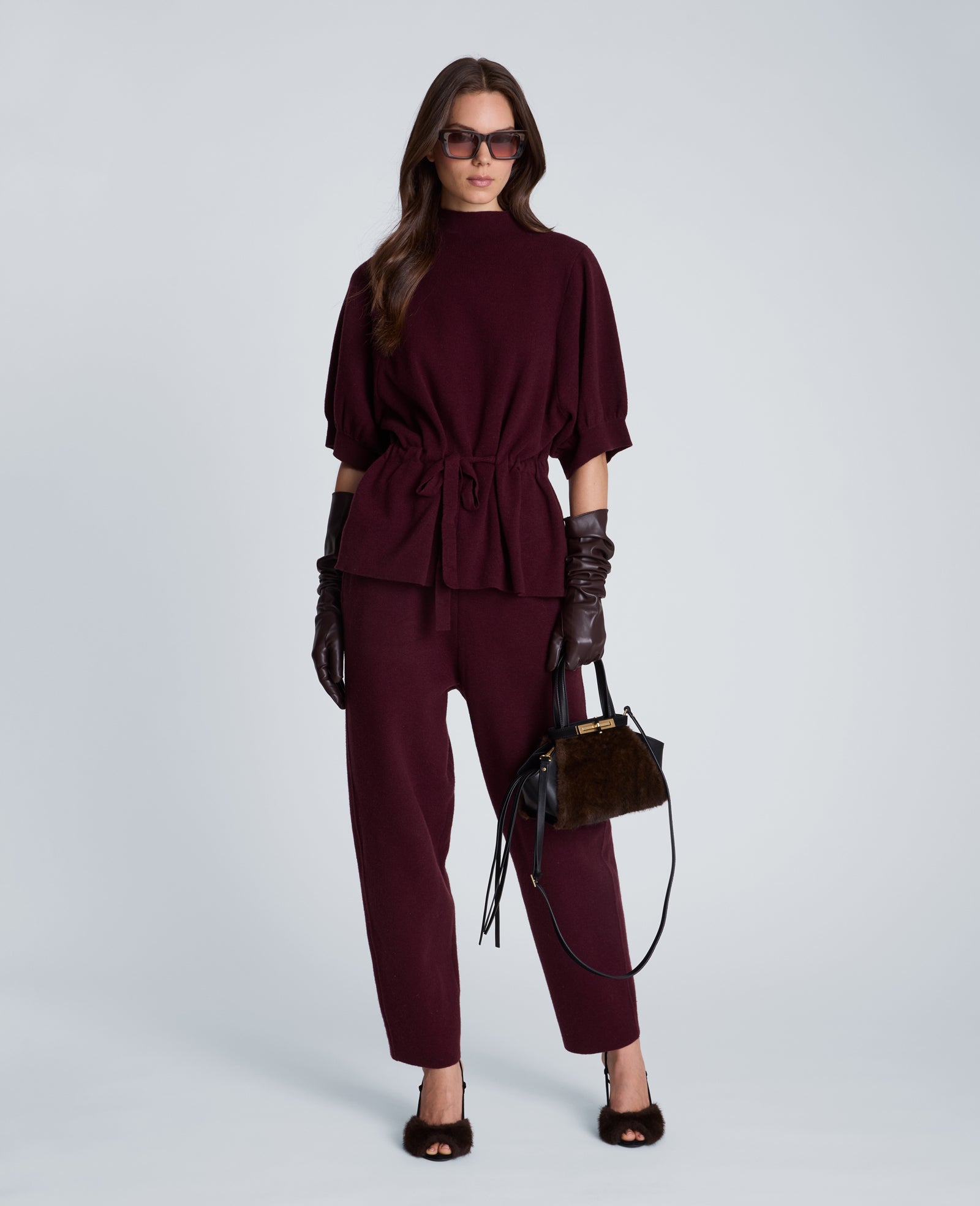Kenneth Cole Reaction Clothing Short Sleeve Tunnel Belt Mock Neck Sweater maglia bordeaux