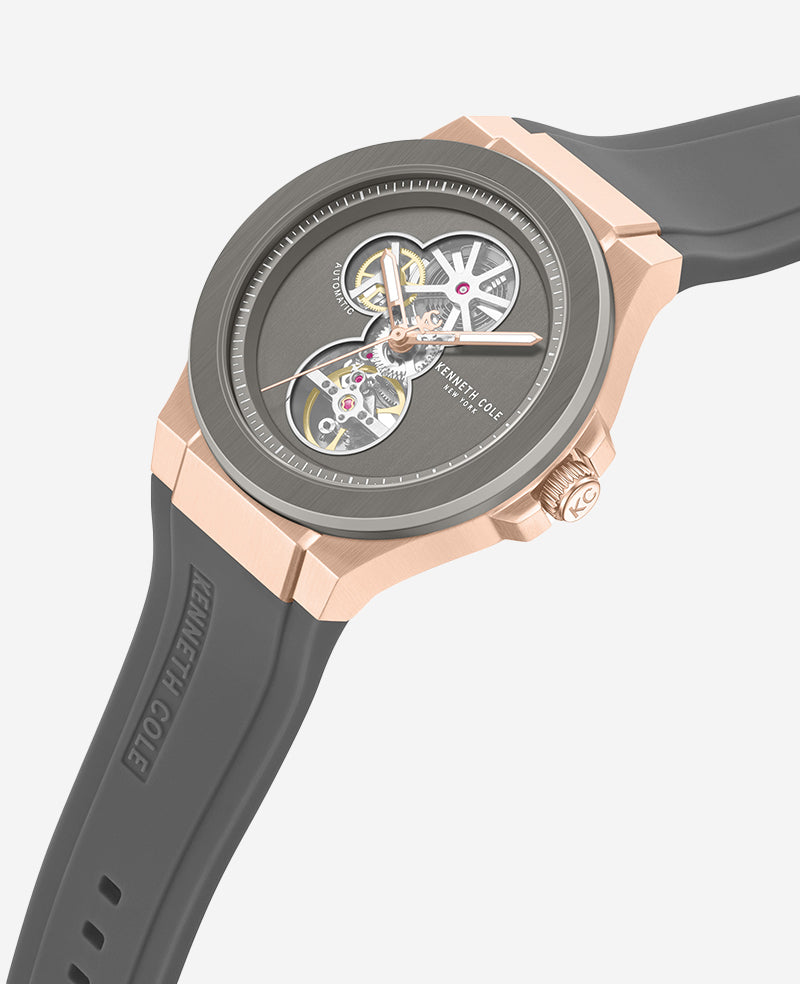 Kenneth Cole Reaction Watches Skeleton Automatic Rose Gold Silicone Strap Watch oro rosa