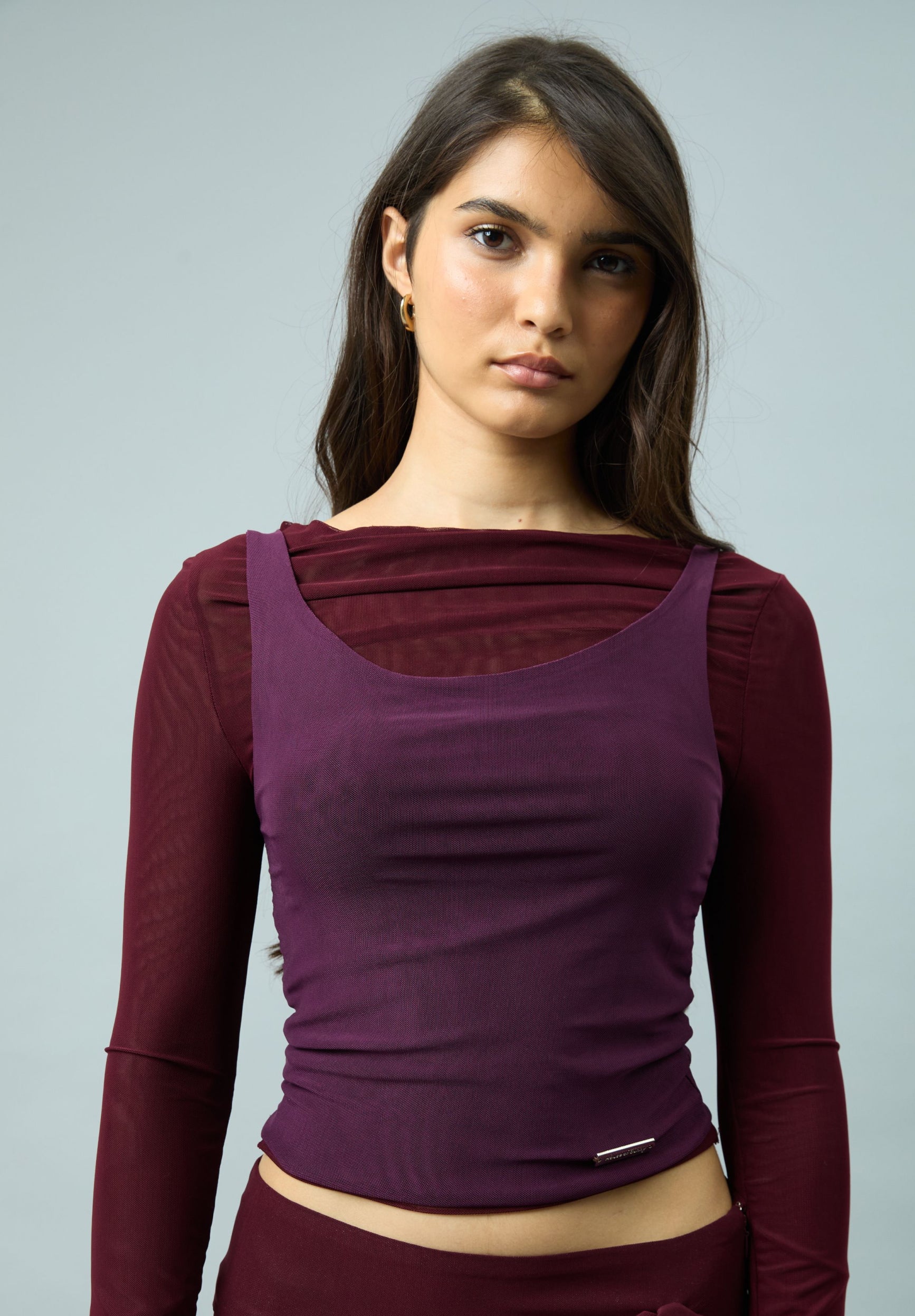 House Of Sunny Womens Tops Burgundy Double Layer Second Skin Top top bordeaux UK 6–18 mesh