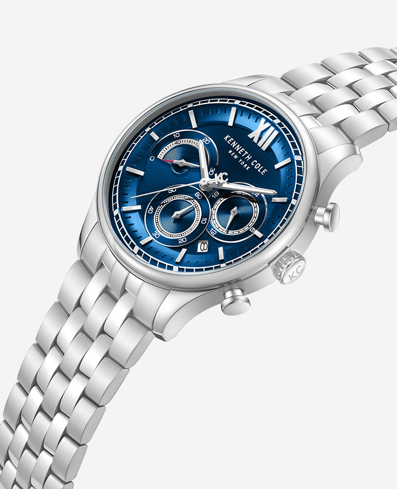 Kenneth Cole Reaction Watches Dress Sport Chronograph Blue Dial Stainless Steel Bracelet Watch orologio argento