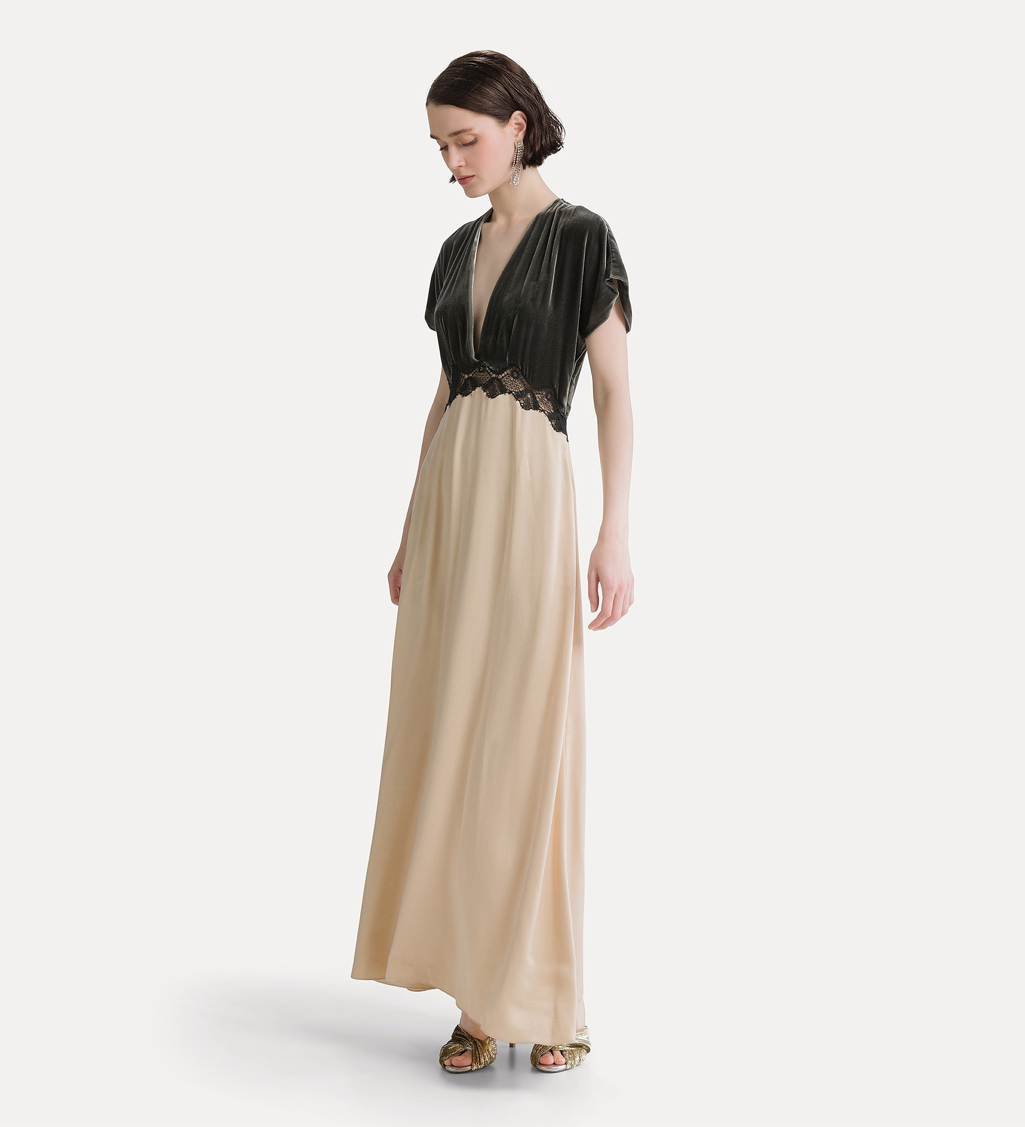 Forte abiti Velvet and Cupro Dress with Lace abito lungo grigio