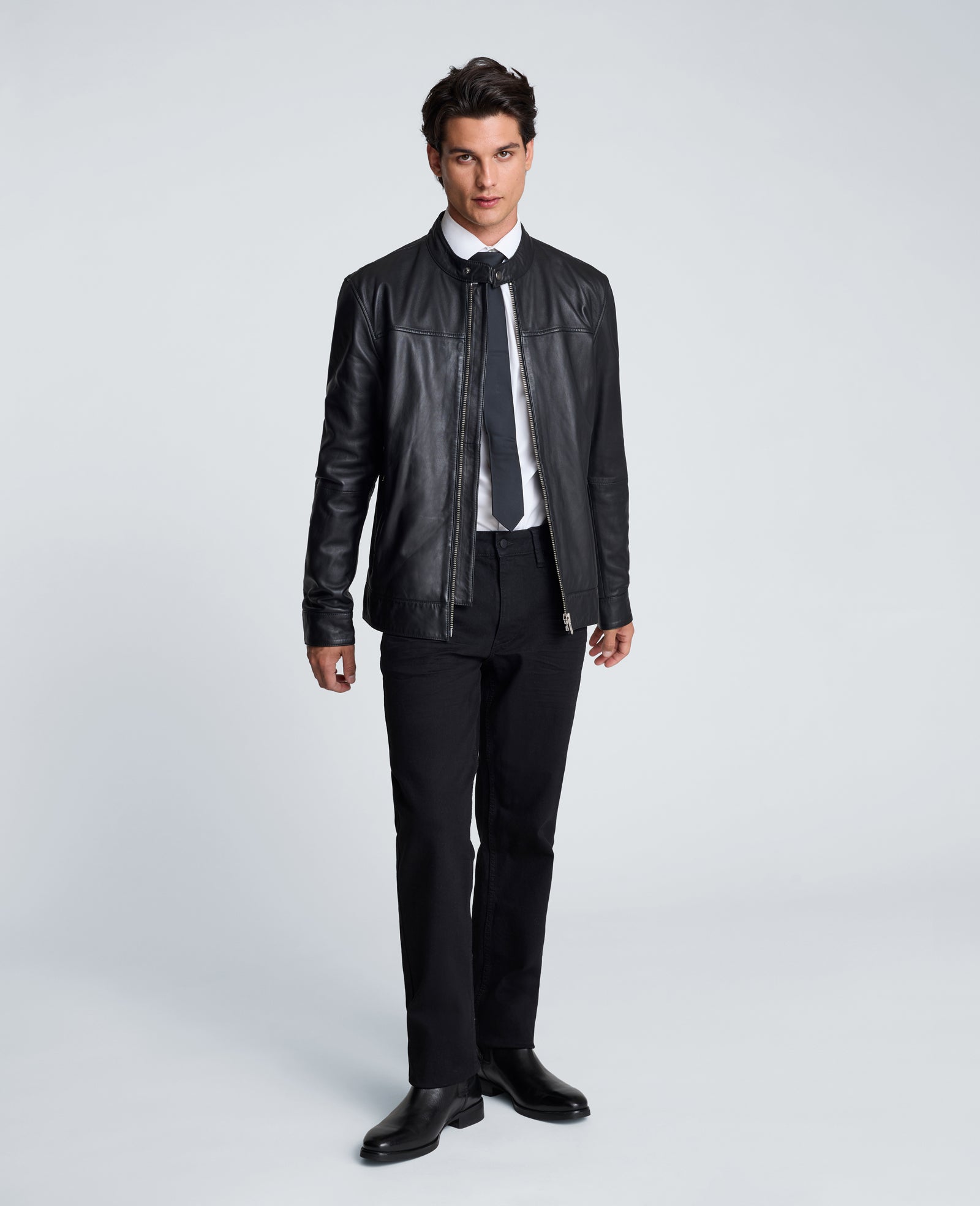 Kenneth Cole Reaction Clothing Stand Collar Leather Moto Jacket giacca in pelle nera