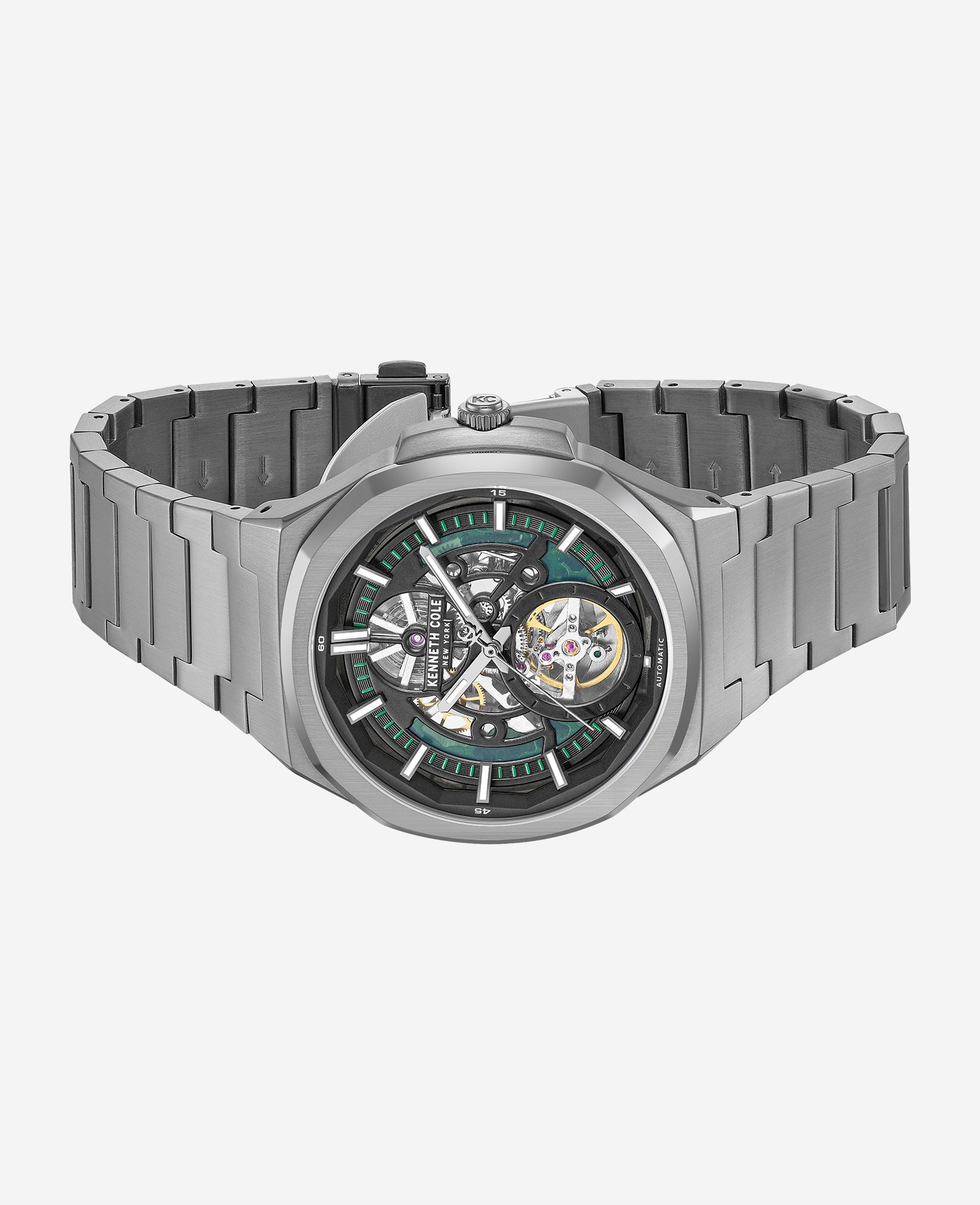 Kenneth Cole Reaction Watches Skeleton Automatic Bracelet Watch orologio automatico grigio scuro con bracciale in acciaio