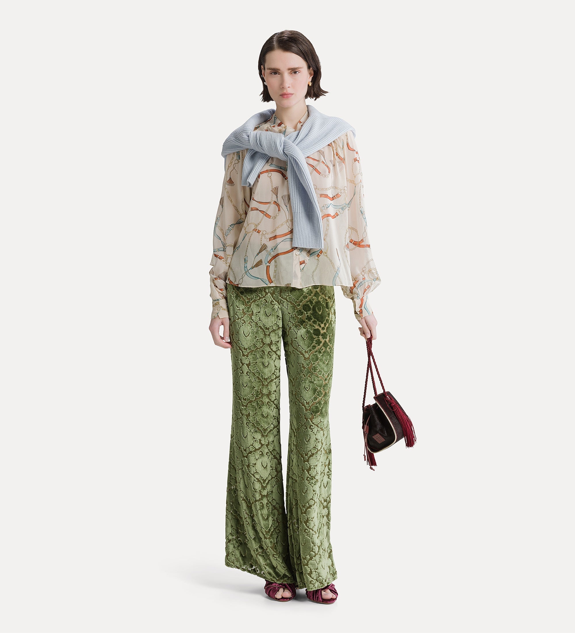 Forte pantaloni pantaloni svasati in velluto floreale verde