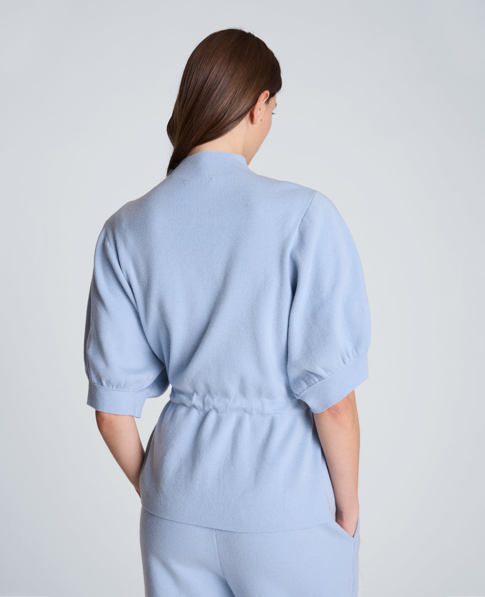 Kenneth Cole Reaction Clothing Short Sleeve Tunnel Belt Mock Neck Sweater maglione Serene Blue in cashmere